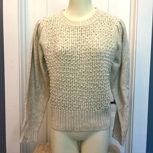 ASTR the Label Women’s Cindy Pearl‎ Embellished Oatmeal Knit Sweater Size Large